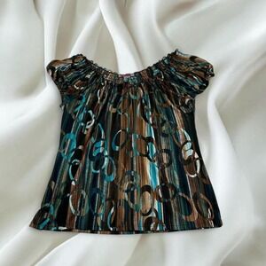 Carol Rose brown teal graphic ruffle babydoll top y2k mcbling